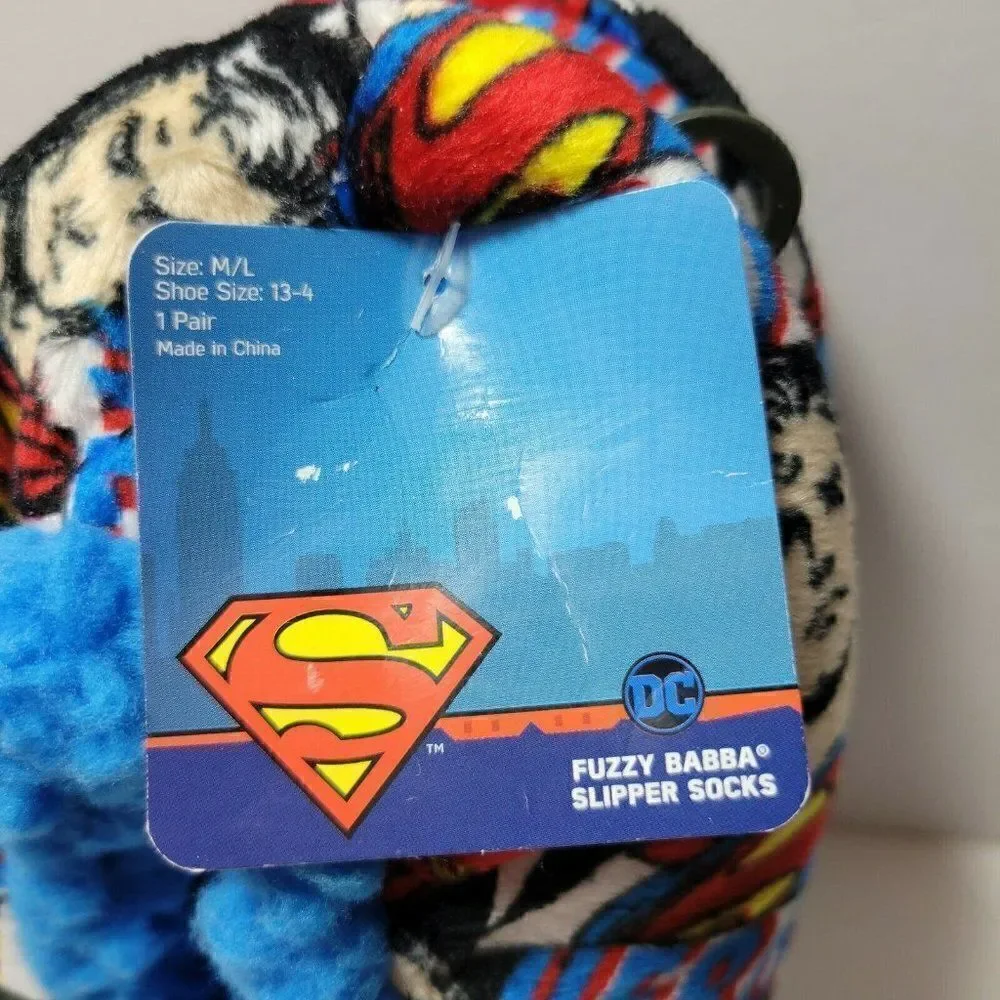 Superman Slipper Socks Child‎ M/L Shoe Sz 13-4 Hero Superhero Fuzzy Babba NWT